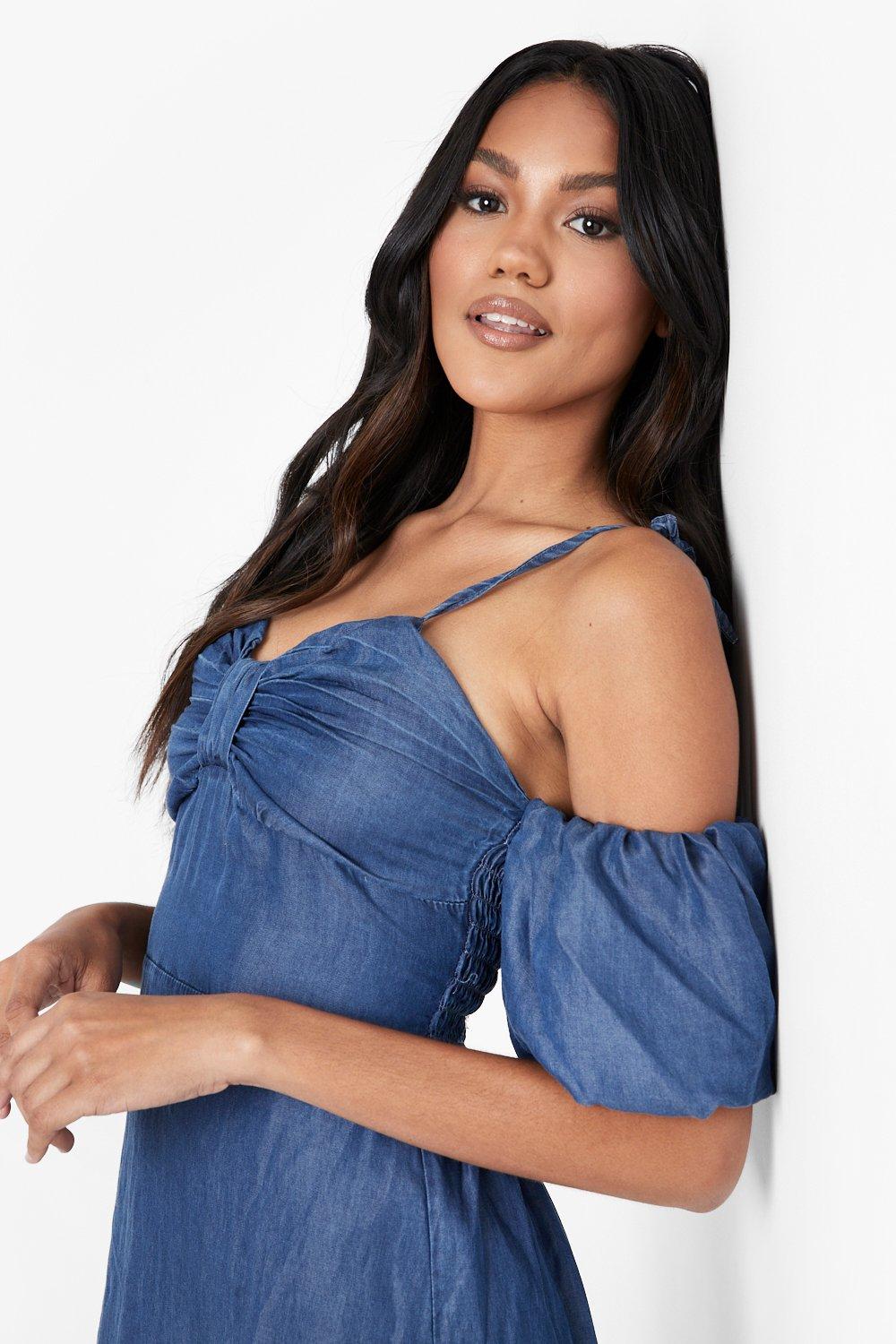 Ruched Knot Front Off The Shoulder Denim Dress